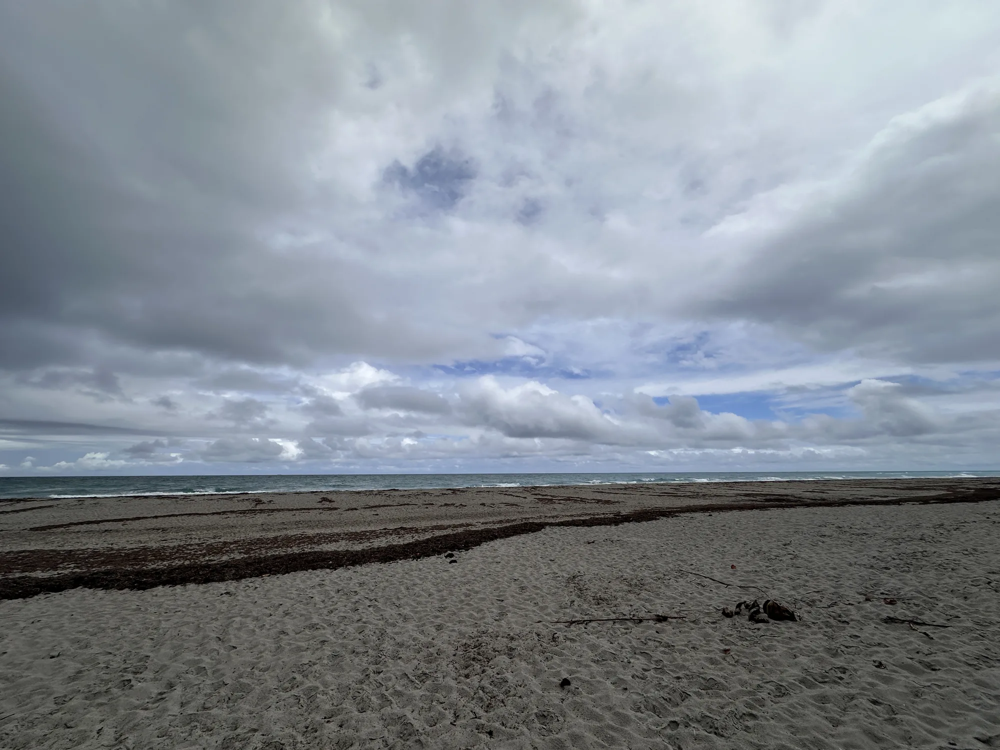 Wide overcast sky over a quiet beach with strands of seaweed on the sand.